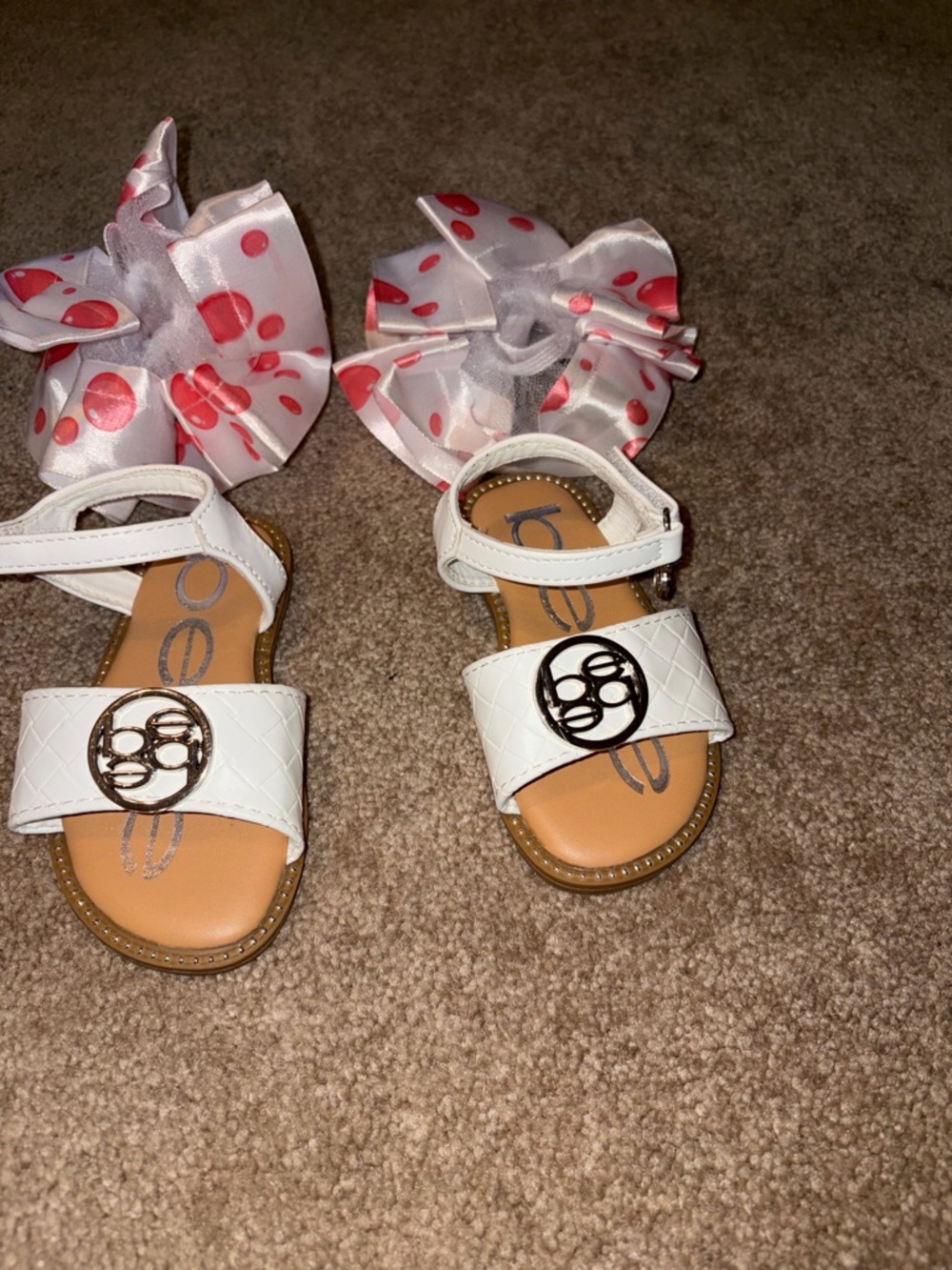 bebe White Girls Sandals with Pink Polka-Dot Bow Accent